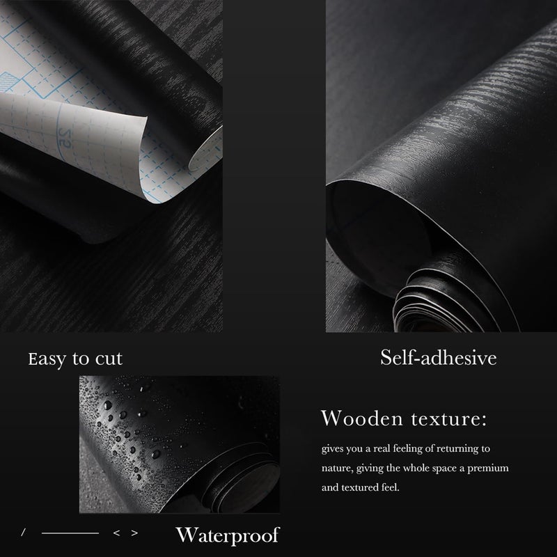 Fiula Black Wood Black Peel and Stick Wallpaper 197â€Ã—17.5â€ Self Adhesive Wallpaper Removable Stick and Peel Wallpapers Black Wood Grain Vinyl - Image 2